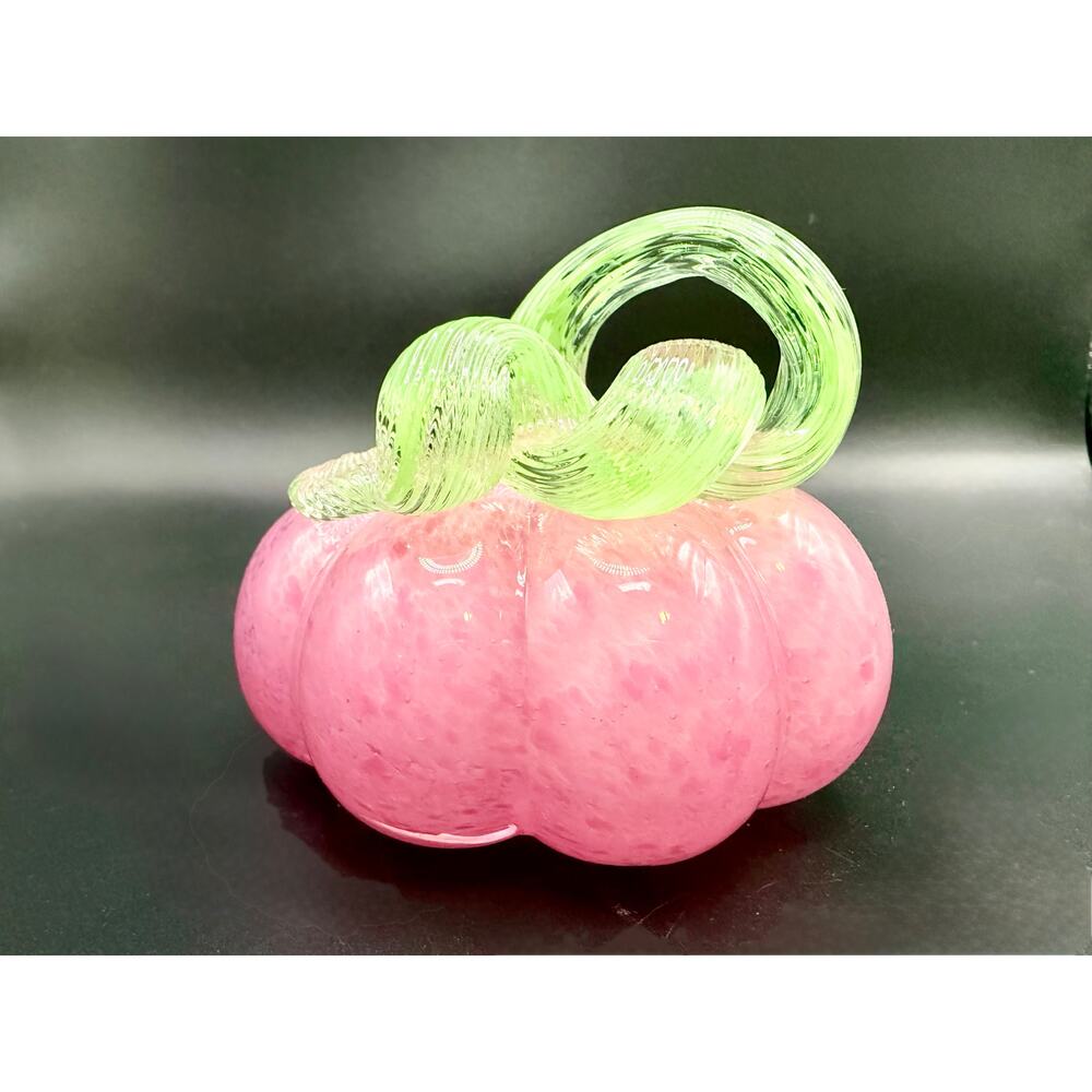 Hand Blown Art Glass Pumpkin – Pink & Green Fall Decor, 3.5” Tall